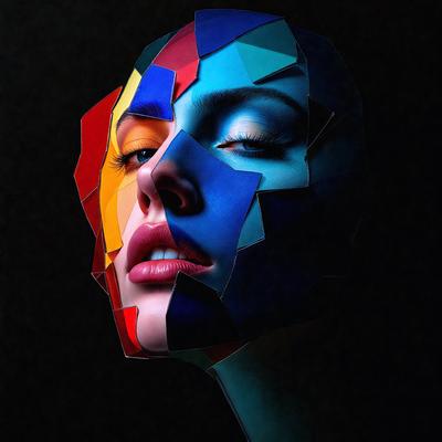 The primary subject of the image is a woman with a colorful face, featuring a mix of red, blue, yellow, and green colors. She is wearing a blue lipstick, which adds to the vibrant appearance of her face. The setting is a dark background, which emphasizes the woman's face and the colors she is wearing. The visual style of the image is a combination of digital art and illustration, creating a unique and artistic representation of the woman's face. The overall atmosphere of the image